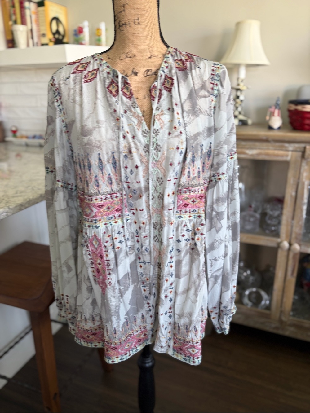 Johnny Was Deliza Gray Blouse with Pink Embroidered Accents